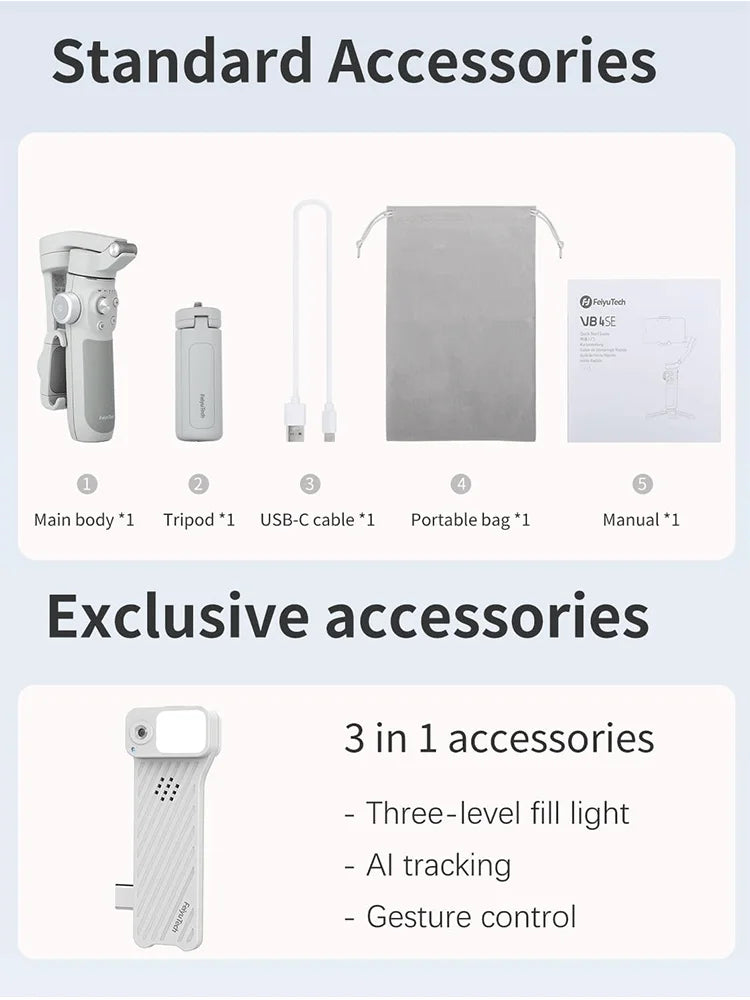 FeiyuTech VB4 Smartphone Stabilizer Face Tracking Fill light 3-Axis Phone Gimbal Built-in Selfie Stick Portable iPhone17