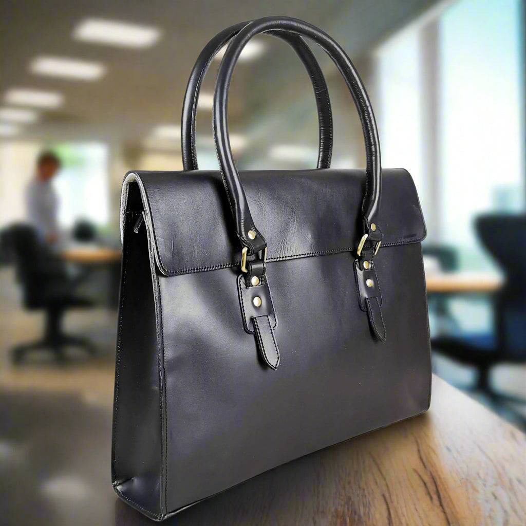 The Signature 17" Leather Laptop Bag, Black Flap-2