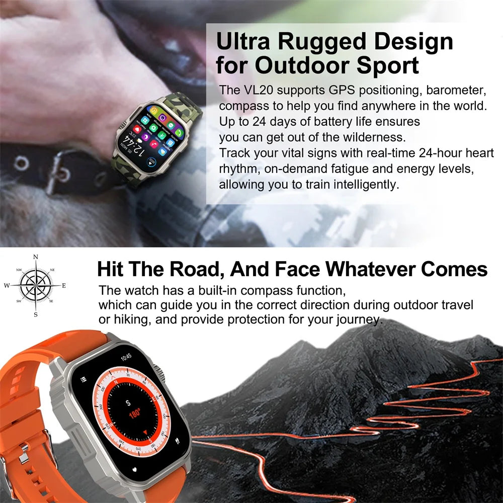 VALDUS Sleep Monitoring Heart Rate GPS 1.96 Inch IP68 Waterproof Smart Watch Sedentary Reminder Blood Oxygen Blood Pressure VL20