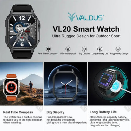 VALDUS Sleep Monitoring Heart Rate GPS 1.96 Inch IP68 Waterproof Smart Watch Sedentary Reminder Blood Oxygen Blood Pressure VL20