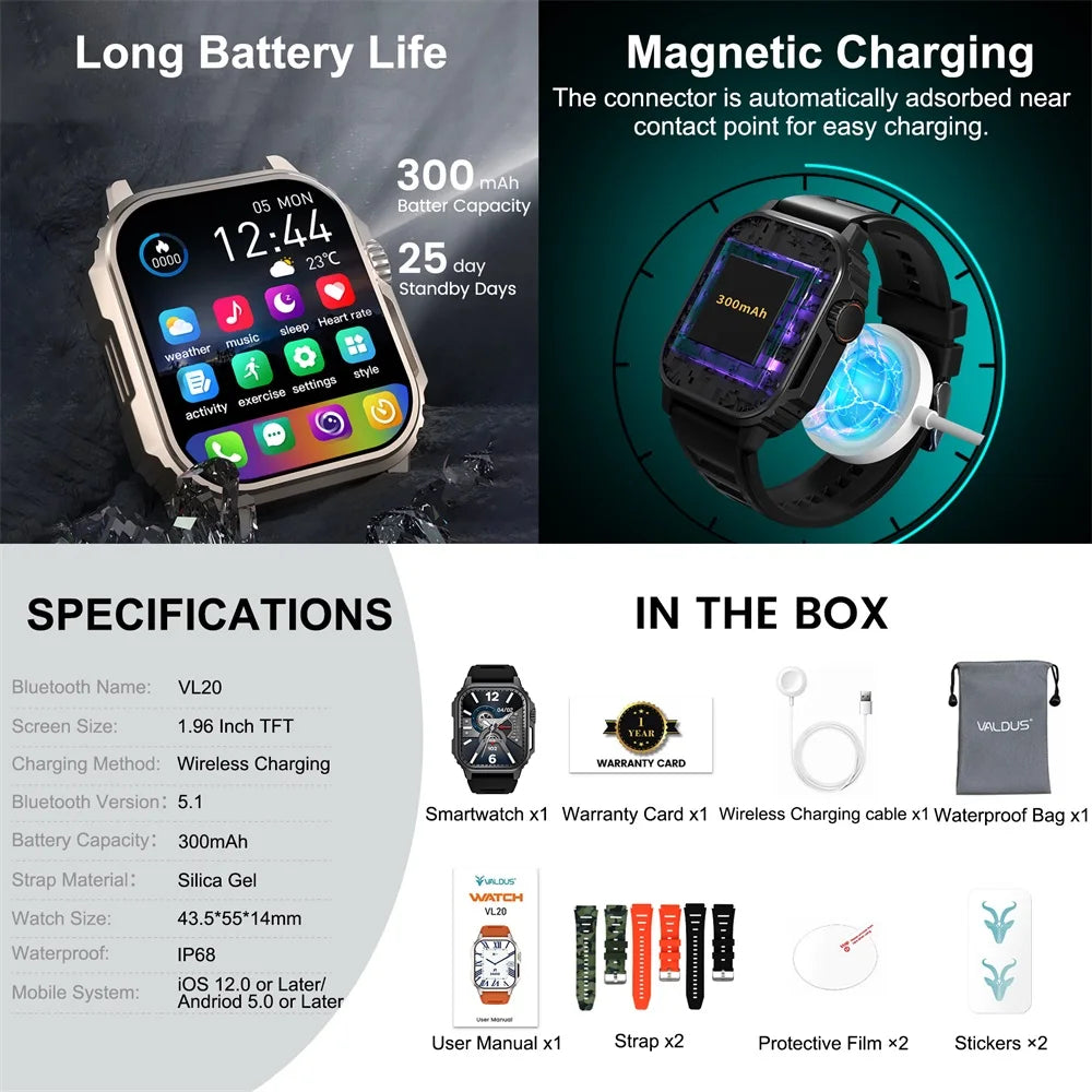 VALDUS Sleep Monitoring Heart Rate GPS 1.96 Inch IP68 Waterproof Smart Watch Sedentary Reminder Blood Oxygen Blood Pressure VL20