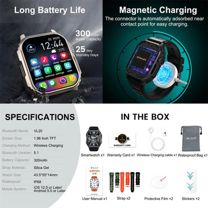 VALDUS Sleep Monitoring Heart Rate GPS 1.96 Inch IP68 Waterproof Smart Watch Sedentary Reminder Blood Oxygen Blood Pressure VL20