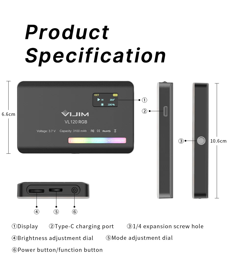 Ulanzi VL120 RGB Camera Video Light Mini Portable 3100mAh Photography Lighting Smartphone Vlog Fill Light RGB Video Light