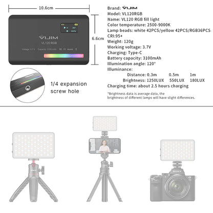 Ulanzi VL120 RGB Camera Video Light Mini Portable 3100mAh Photography Lighting Smartphone Vlog Fill Light RGB Video Light