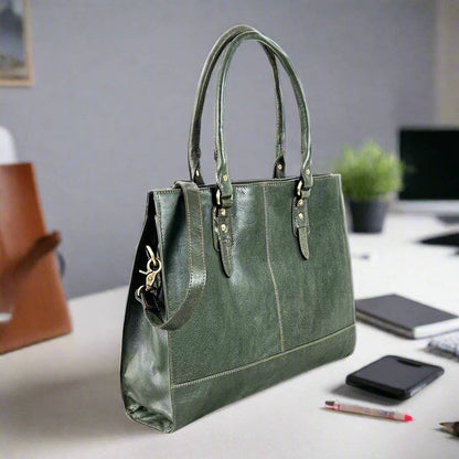 The Signature 17" Leather Laptop Bag, Olive Green-2