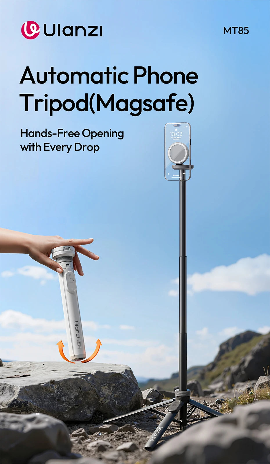 Ulanzi MT-85 Automatic Phone Tripod Magsafe Selfie Stick for iPhone 17 16 15 Pop Open Tripod Floor Stand for Outdoor Travel Vlog