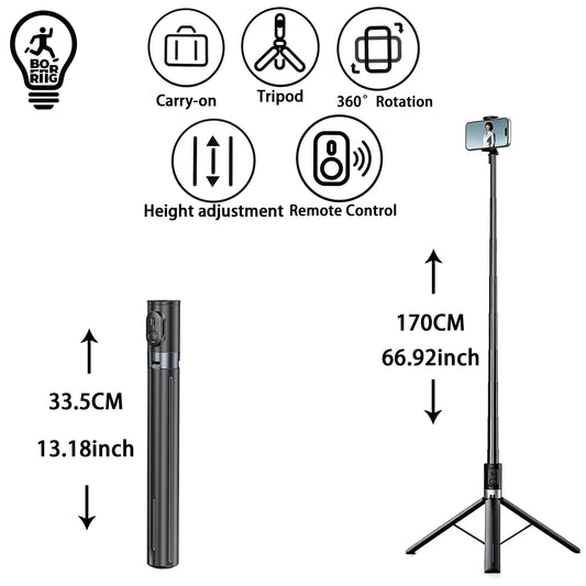 Universal Phone Tripod 1.7m Metal Selfie Stick with Wireless Bluetooth-compatible, Compatible with Sony Canon iPhone Xiaomi,