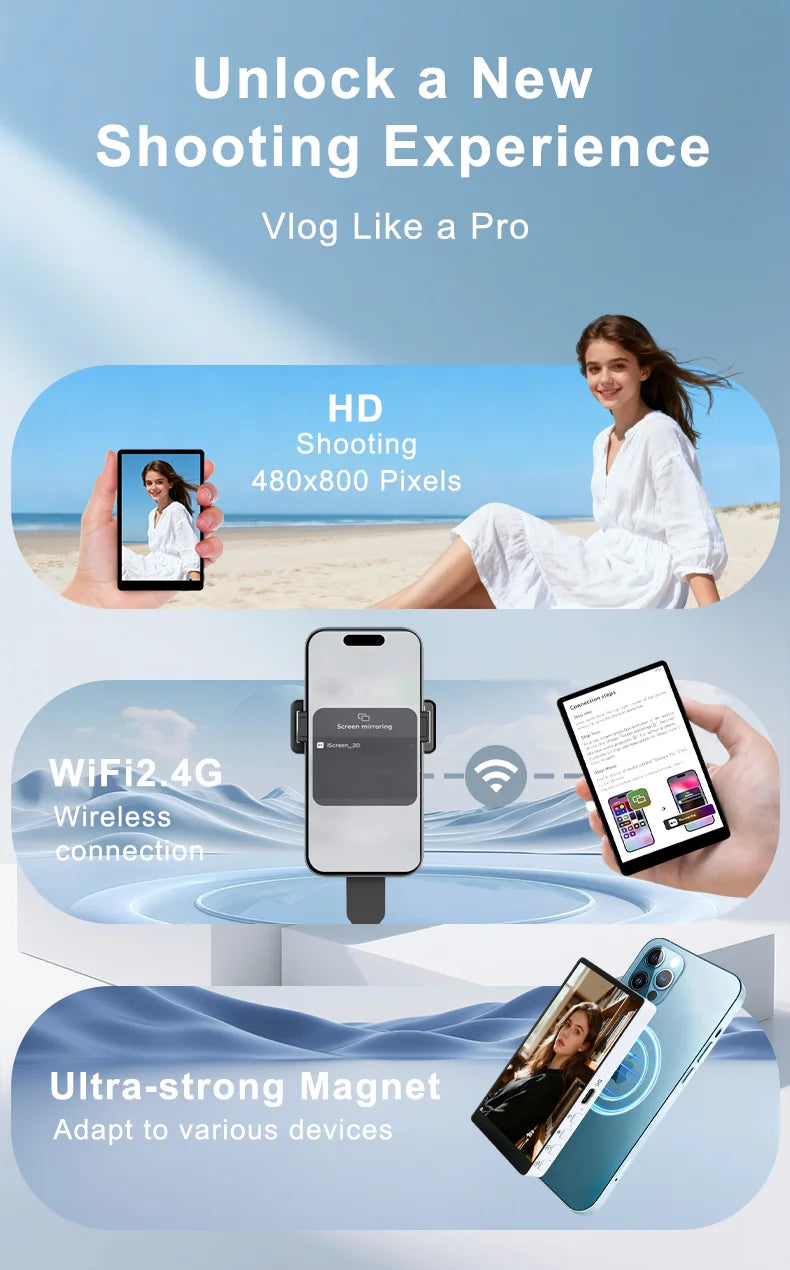 Vlog Screen Selfie Monitor, Magnetic Phone Holder Clip Mount, Using Phone Rear Camera for Selfie Vlog Live Stream