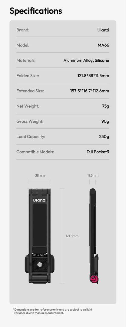 Ulanzi MA66 Magnetic Quick Release Tripod for DJI Pocket 3 Foldable Selfie Stick Handle Tripod with Hidden Hook for Travel