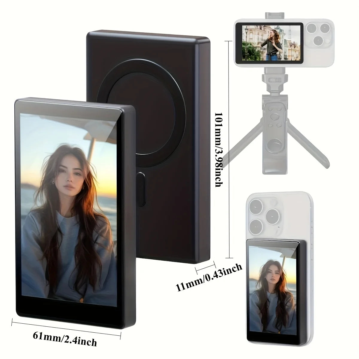 Vlog Screen Selfie Monitor, Magnetic Phone Holder Clip Mount, Using Phone Rear Camera for Selfie Vlog Live Stream