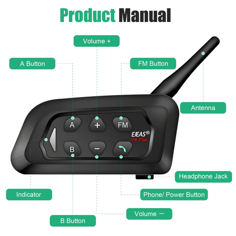 EJEAS 4PCS V4C PLUS Football Referee Intercom Headset 1500M Full Duplex Bluetooth Headphone Conference Interphone + Handbag