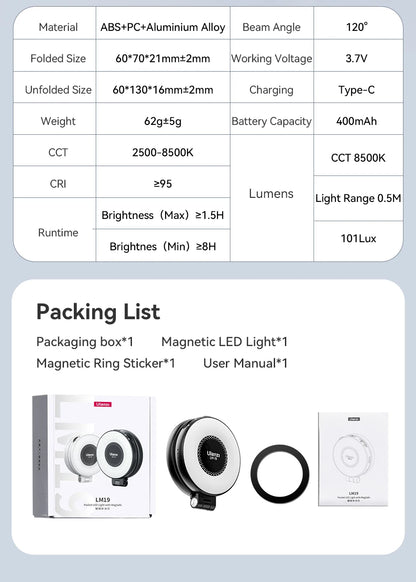 Ulanzi LM19 MagSafe Light CRI 95+ for Vlog Livestream Photograph Bi-Color Flip Fill Light Suitable for Magnetic Mobile Phones