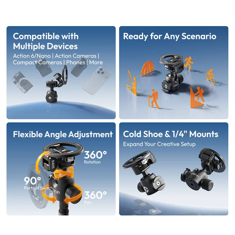 Ulanzi EA05 3-in-1 Versatile Ball Head for iPhone 17 16 for DJI Action 6 Nano Pocket3 with 1/4'' Screw for Vlog Video Recording