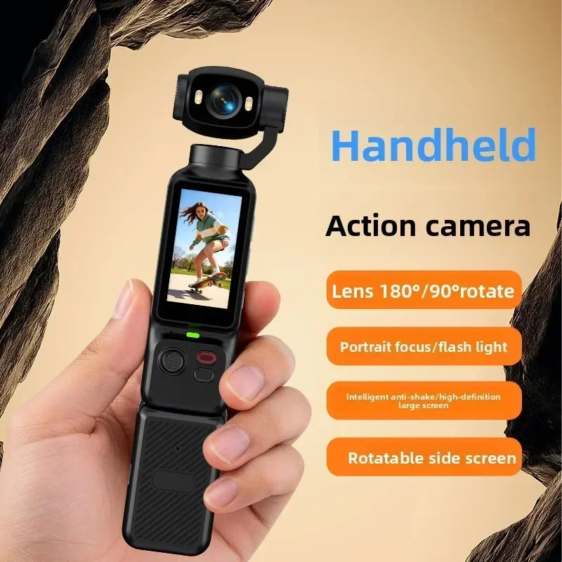 4K Handheld Gimbal Action Camera HD 180° Rotatable Lens Anti-shake Pocket Vlog Camera with Fill Light for Outdoor Sports