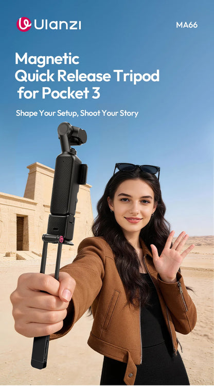 Ulanzi MA66 Magnetic Quick Release Tripod for DJI Pocket 3 Foldable Selfie Stick Handle Tripod with Hidden Hook for Travel
