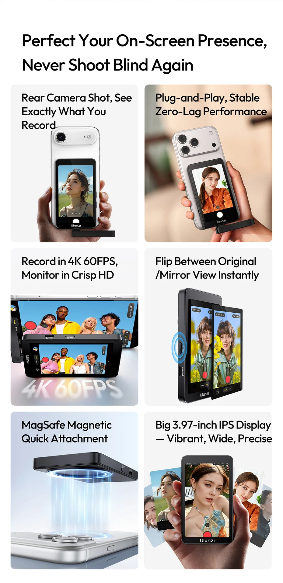 Ulanzi VM1 Vlog Selfie Monitor Screen for iPhone 17 16 15 Selfie Monitor Screen with Magnetic Ring Livestreaming Vlog Shots