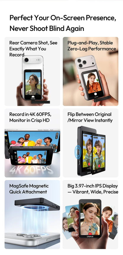 Ulanzi VM1 Vlog Selfie Monitor Screen for iPhone 17 16 15 Selfie Monitor Screen with Magnetic Ring Livestreaming Vlog Shots