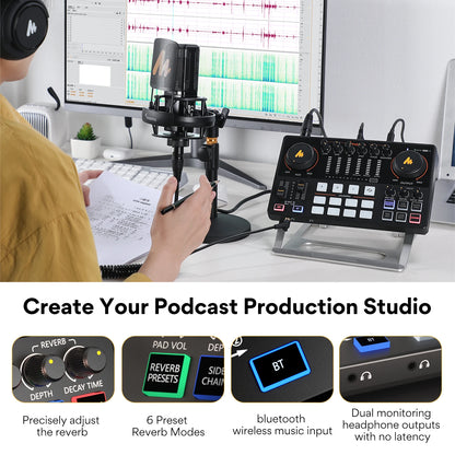 MAONO AME2 Audio Interface Sound Card DJ Mixer All in One Portable Podcast Studio for Recording,Live Streaming,Youtube,Guitar,PC