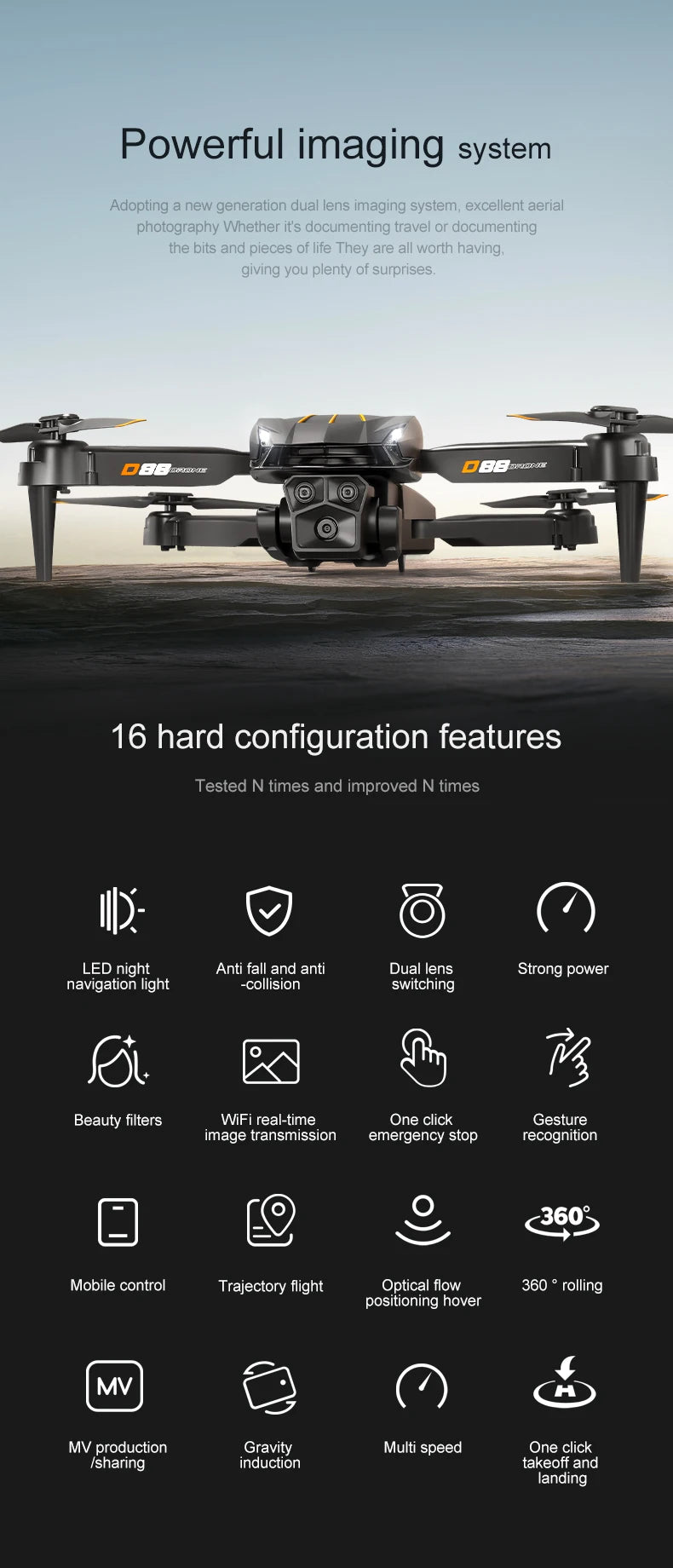 NewD88 4K RC Drone,360°Flip,Headless Mode,One Key Return,Altitude Hold,WiFi FPV,Dual Cam Switch,90°Lens Adjust,Birthday Gift Toy
