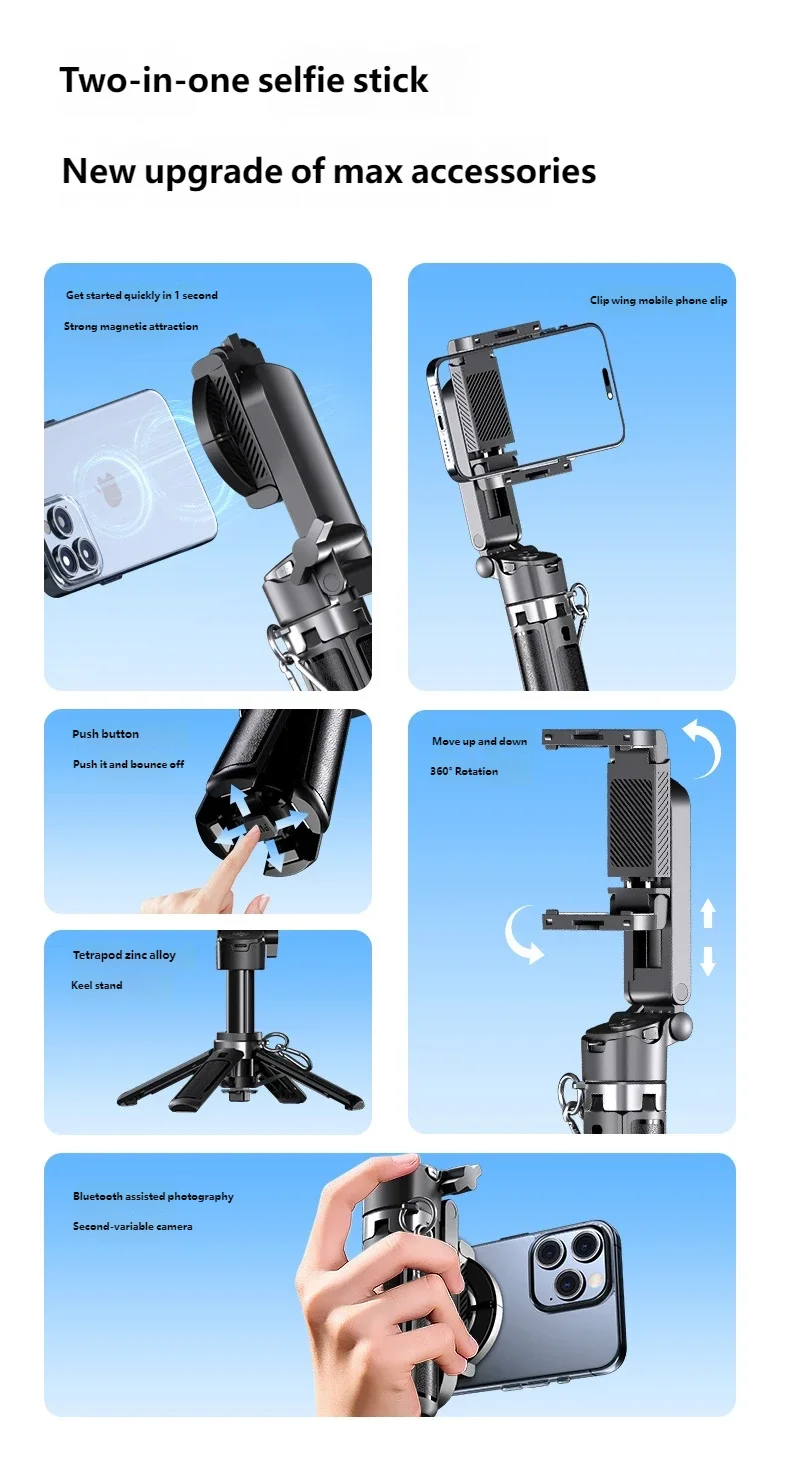Magnetic Selfie Stick Tripod Anti-shake Extendable Phone Holder for Live Streaming Vlog Zoom Travel iPhone Samsung Android