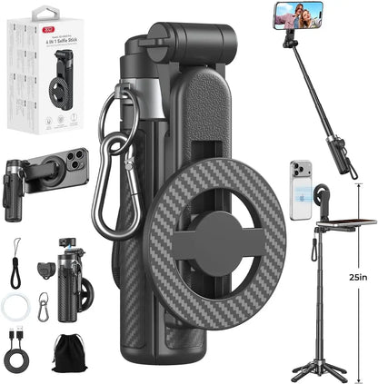 Magnetic Selfie Stick with Remote for Cell Phone 360° Rotation Transforms into Mini Tripod/Handheld Stabilizer/Phone Stand
