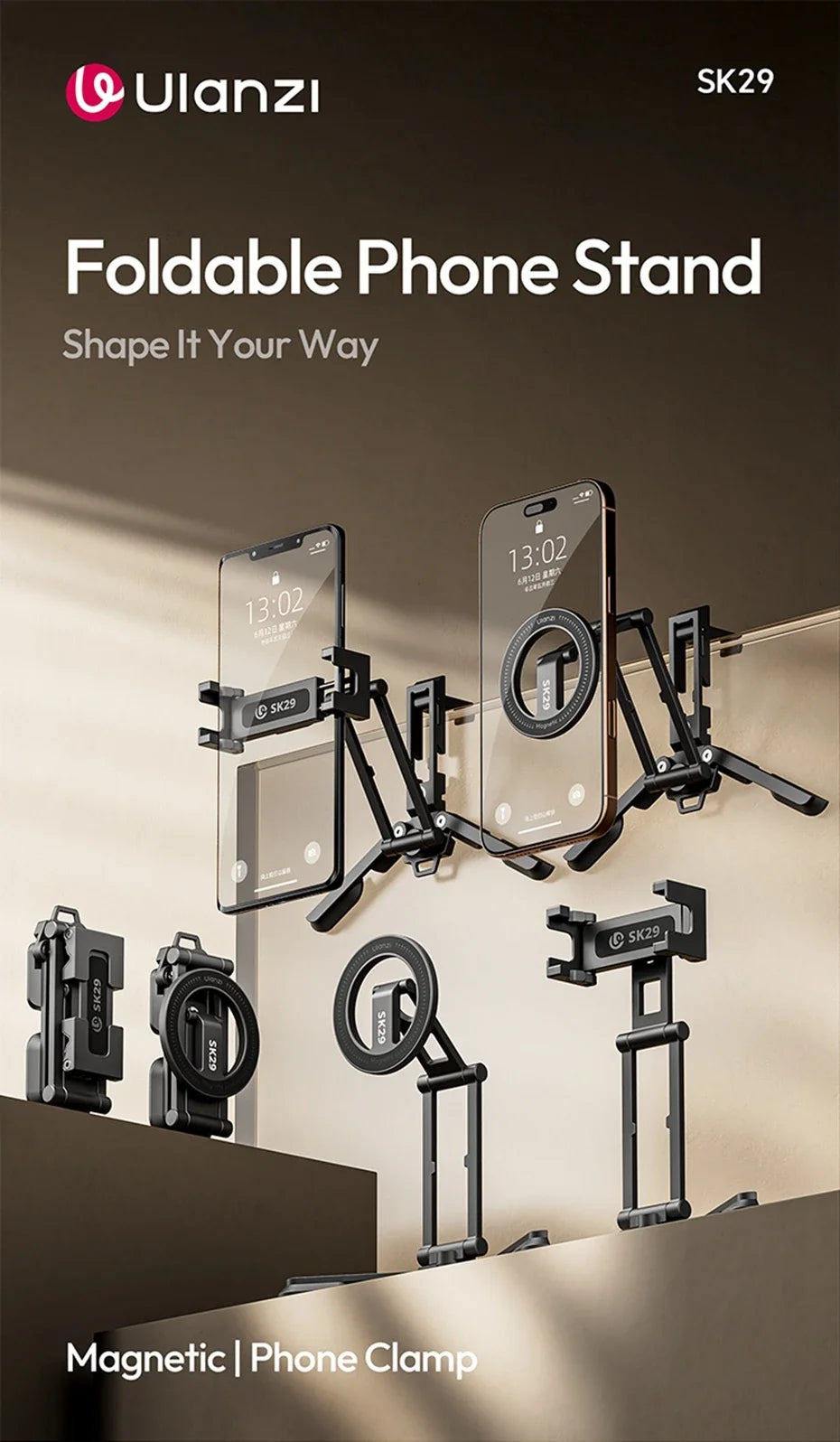 Original Ulanzi SK29 Foldable Magnetic Phone Stand Phone Clamp Selfie Stick Desktop Tripod 360° Rotation for Vlog Livestreaming