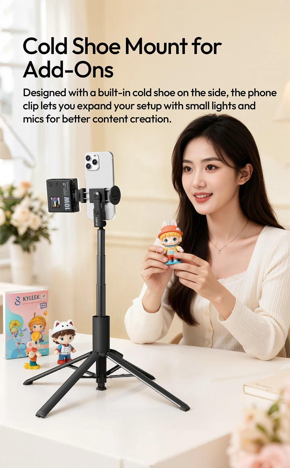 Original Ulanzi MT86 Auto Opening Selfie Stick Tripod With Cold Shoe Mount And 1.46m Extension For Vlog Live Streaming