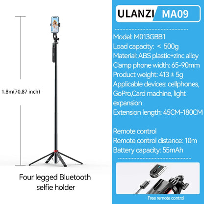 Ulanzi MA09 1.8m Selfie Stick Tripod for iPhone 16 15 Android Phone with Remote Control Panoramic Ball head Holder U200 VL49 Kit