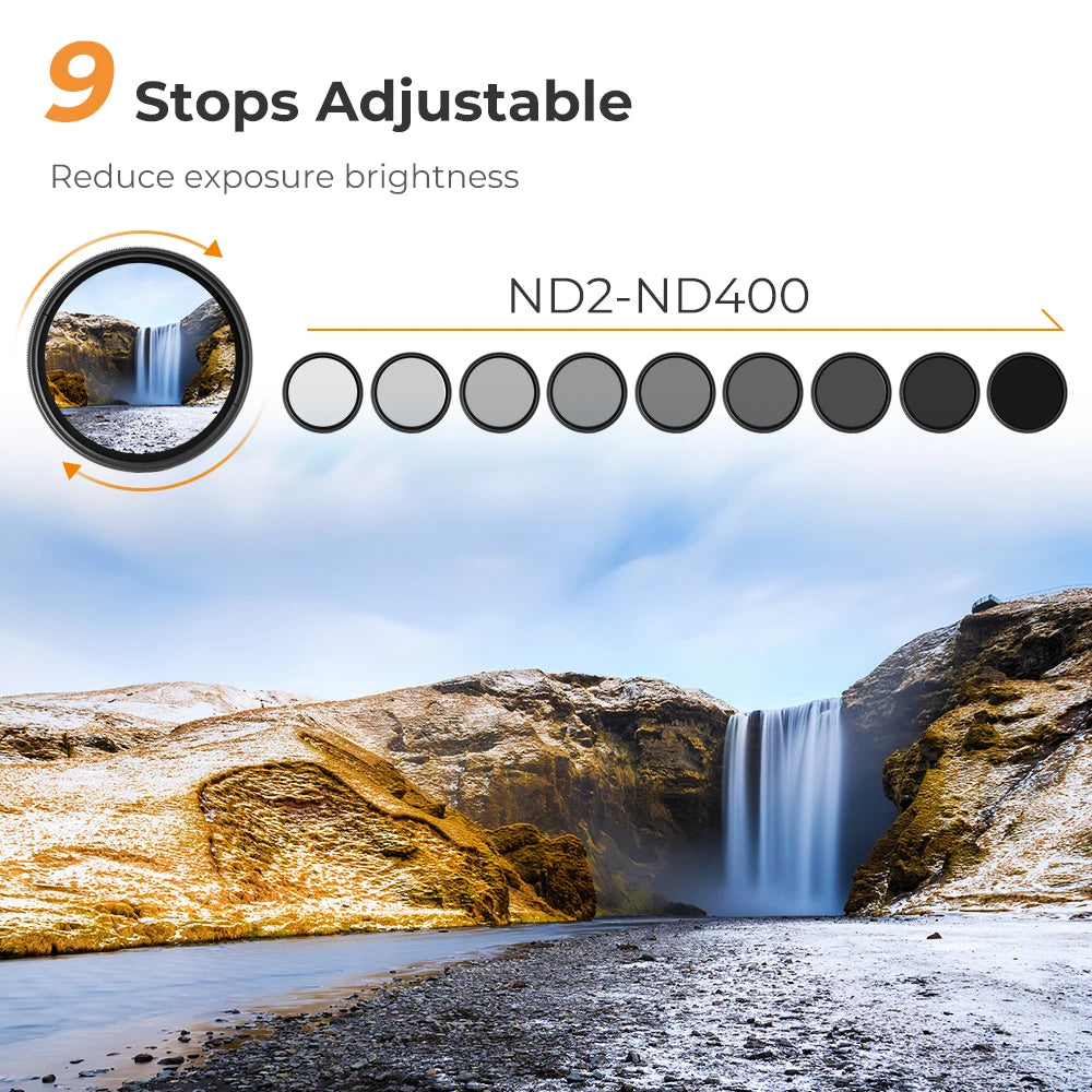 K&F Concept Variable ND Filter 67mm 58mm 82mm ND2 ND400 9 Stops Neutral Density Filter ND2-400 37-49mm 52mm 55mm 77mm 62mm 72mm
