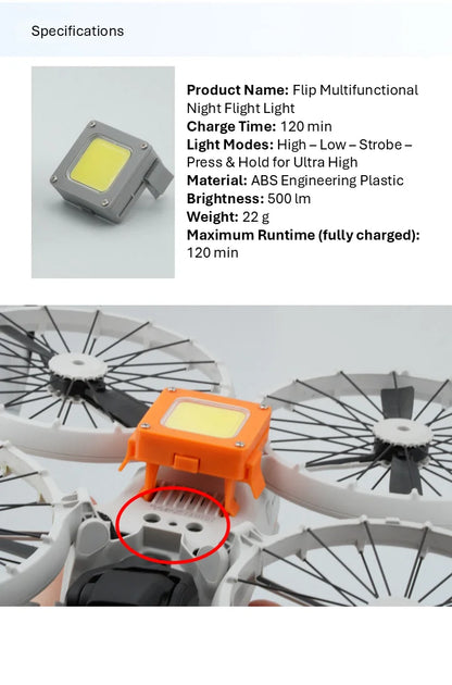 DJI Flip Night Flight Light Accessory, 900LM Front & Bottom Fill Lights, Adjustable Angle, High/Low/Strobe, 120 Min