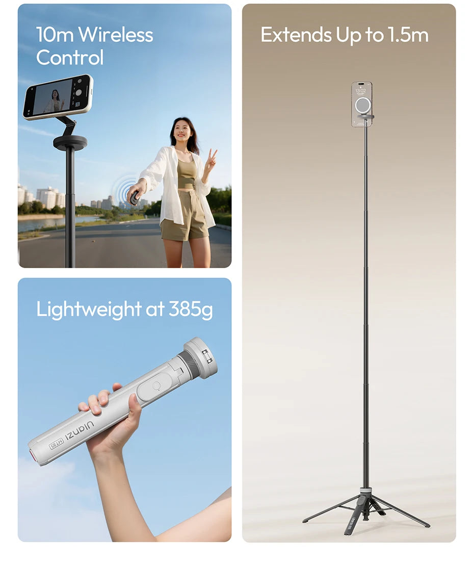 Ulanzi MT-85 Automatic Phone Tripod Magsafe Selfie Stick for iPhone 17 16 15 Pop Open Tripod Floor Stand for Outdoor Travel Vlog