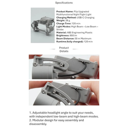 DJI Flip Night Flight Light Accessory, 900LM Front & Bottom Fill Lights, Adjustable Angle, High/Low/Strobe, 120 Min