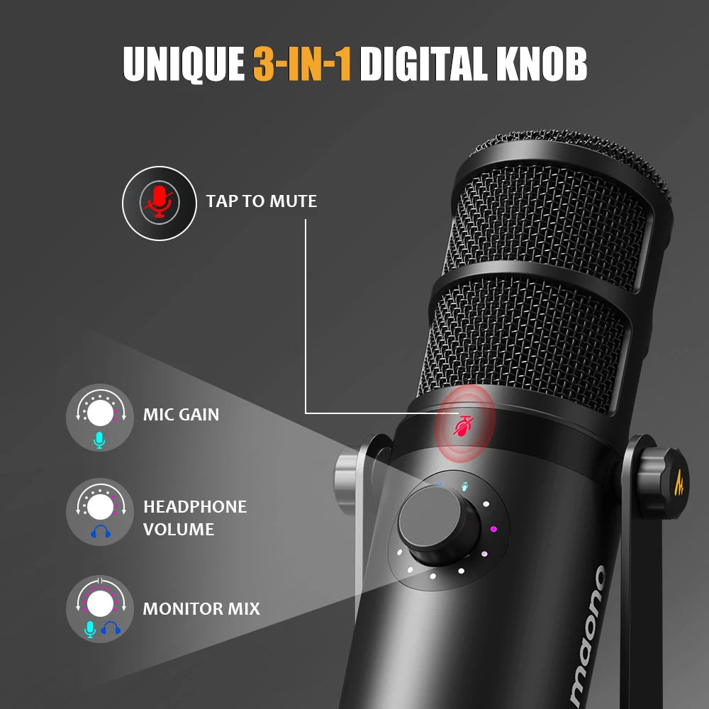 MAONO PD400X USB/XLR Dynamic Microphone All Metal With One-Touch Mute Headphone Jack And Volume Control For Podcasting Streaming