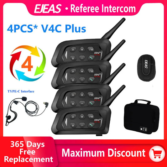 EJEAS 4PCS V4C PLUS Football Referee Intercom Headset 1500M Full Duplex Bluetooth Headphone Conference Interphone + Handbag