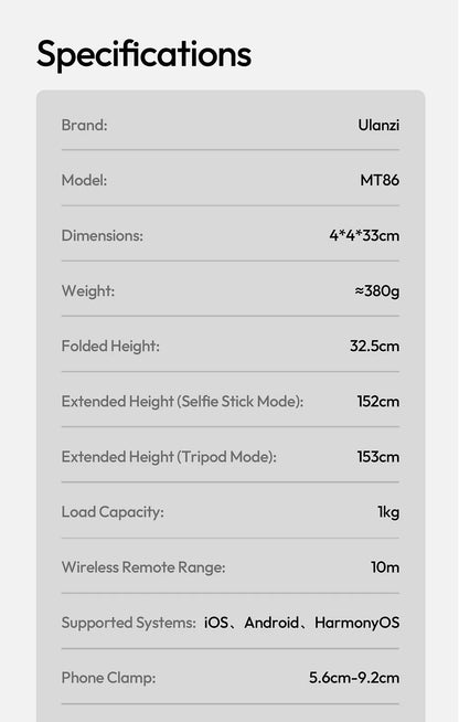 Original Ulanzi MT86 Auto Opening Selfie Stick Tripod With Cold Shoe Mount And 1.46m Extension For Vlog Live Streaming