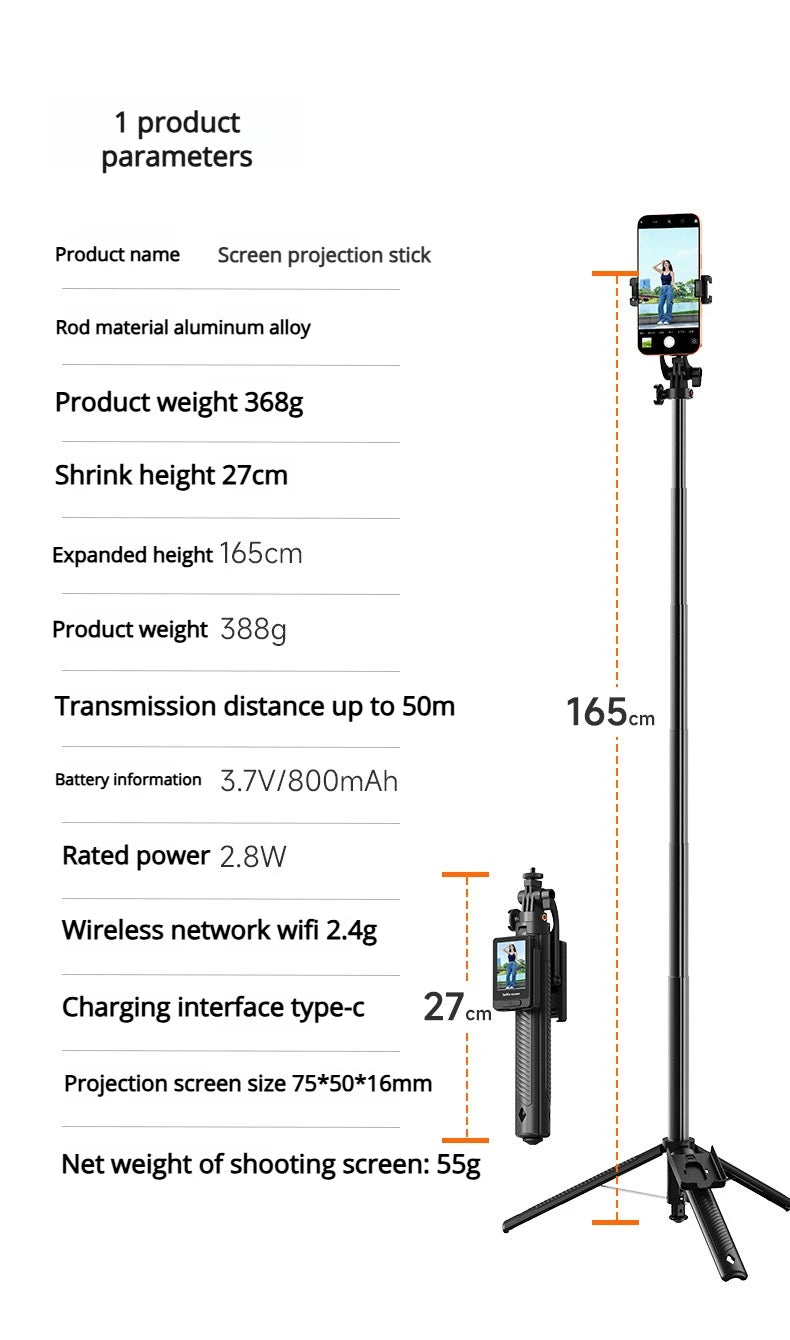 Smartphone Rear Selfie Screen with Selfie Stick Tripod suit.Selfie Pole Real-time Projection,for Vlog/Travel/Selfie/Group Photos
