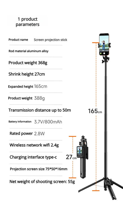 Smartphone Rear Selfie Screen with Selfie Stick Tripod suit.Selfie Pole Real-time Projection,for Vlog/Travel/Selfie/Group Photos
