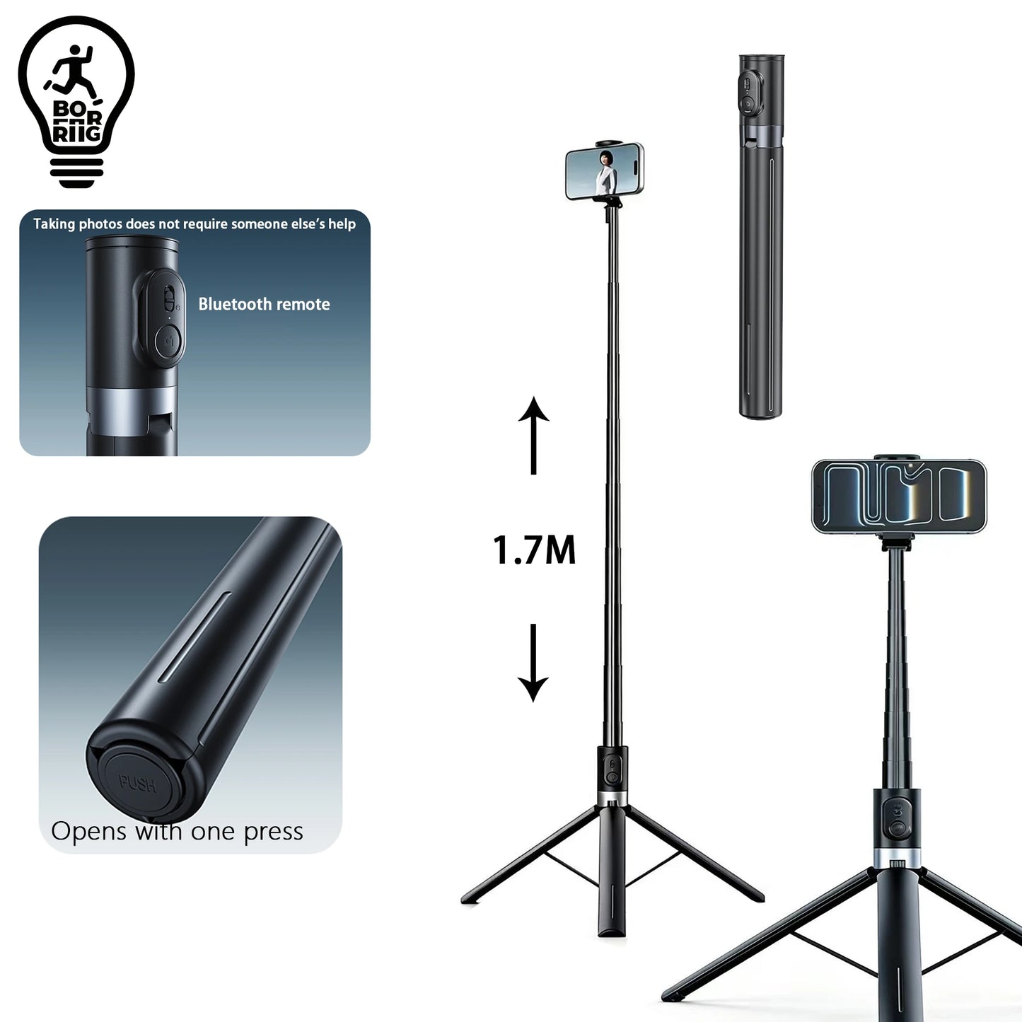 Universal Phone Tripod 1.7m Metal Selfie Stick with Wireless Bluetooth-compatible, Compatible with Sony Canon iPhone Xiaomi,