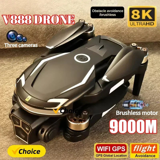 New V888 Drone 8K GPS Triple Camera Professional Obstacle Avoidance Optical Flow Positioning BrushlessUpgraded RC Quadcopter