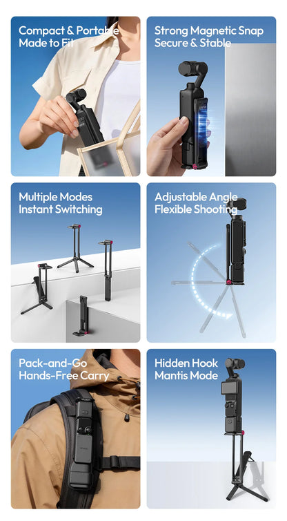 Ulanzi MA66 Magnetic Quick Release Tripod for DJI Pocket 3 Foldable Selfie Stick Handle Tripod with Hidden Hook for Travel