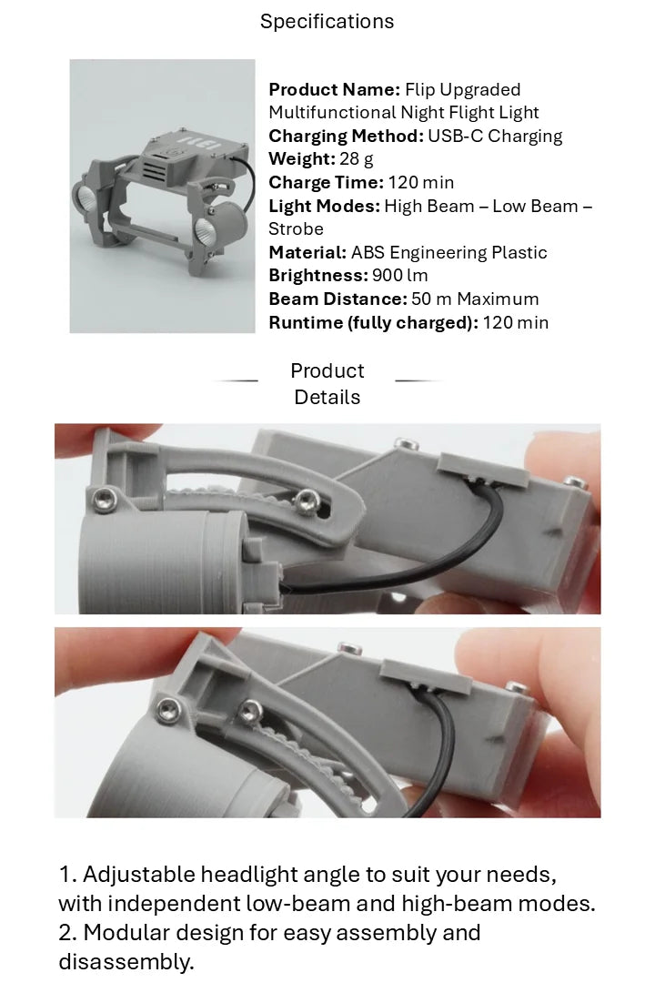 DJI Flip Night Flight Light Accessory, 900LM Front & Bottom Fill Lights, Adjustable Angle, High/Low/Strobe, 120 Min