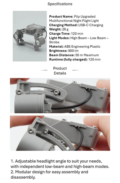 DJI Flip Night Flight Light Accessory, 900LM Front & Bottom Fill Lights, Adjustable Angle, High/Low/Strobe, 120 Min