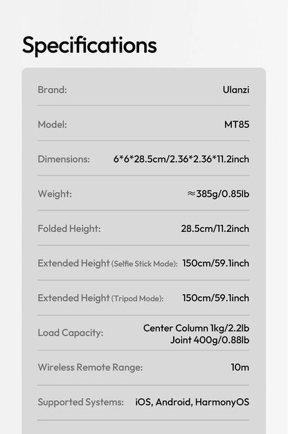 Ulanzi MT-85 Automatic Phone Tripod Magsafe Selfie Stick for iPhone 17 16 15 Pop Open Tripod Floor Stand for Outdoor Travel Vlog