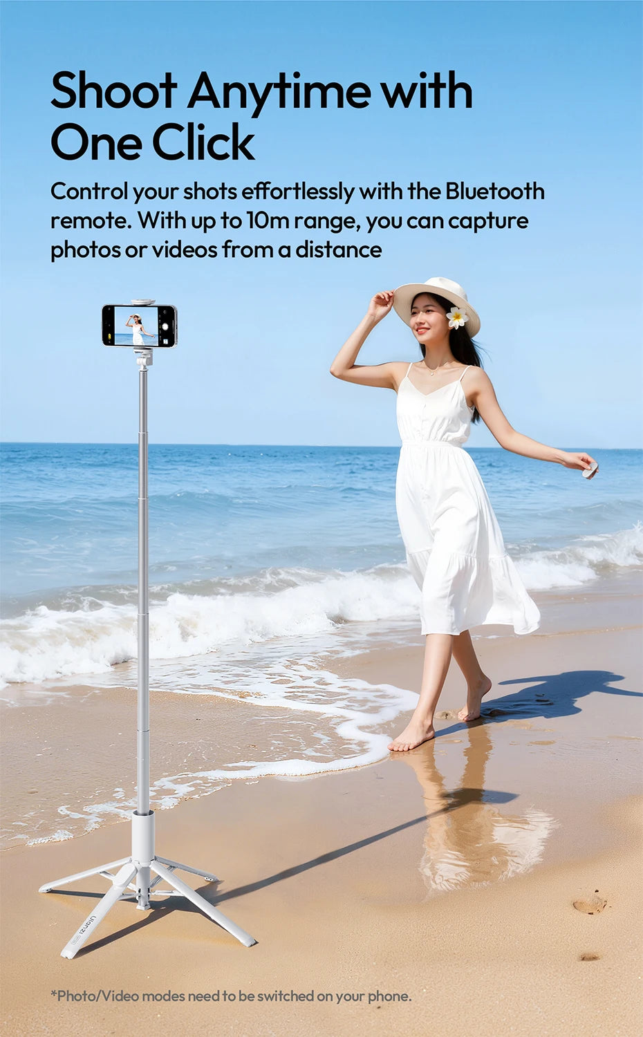 Original Ulanzi MT86 Auto Opening Selfie Stick Tripod With Cold Shoe Mount And 1.46m Extension For Vlog Live Streaming