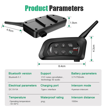 EJEAS 4PCS V4C PLUS Football Referee Intercom Headset 1500M Full Duplex Bluetooth Headphone Conference Interphone + Handbag