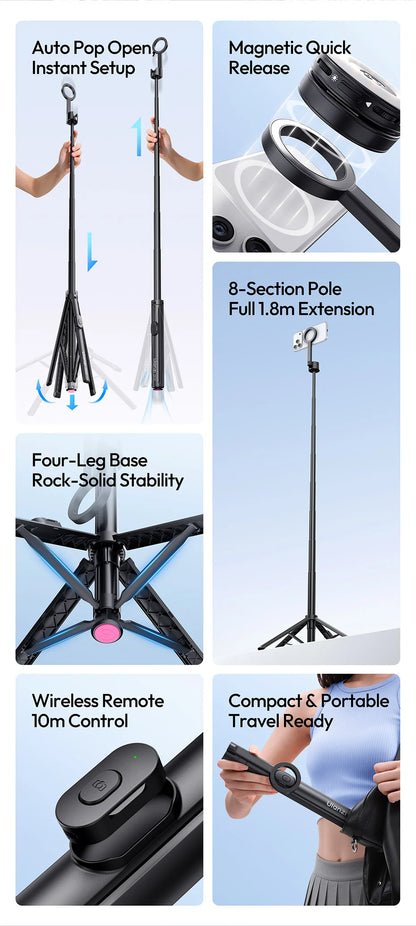 Ulanzi SK-21 Magnetic Auto-Open Tripod Selfie Stick for iPhone 17 16 15 14 Portable Selfie Ground Tripod for Travel Vlog Video