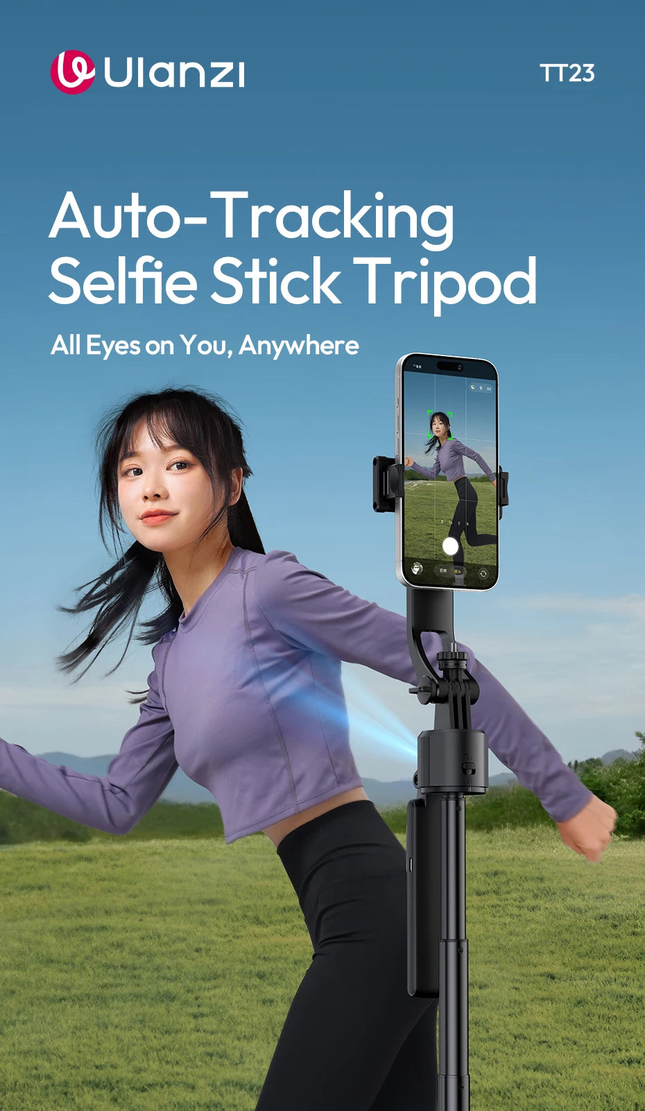 Ulanzi TT23 Auto-Tracking Selfie Stick Tripod Foaldable Selfie Tripod for Smartphone Camera for Gopro with Bluetooth for Travel