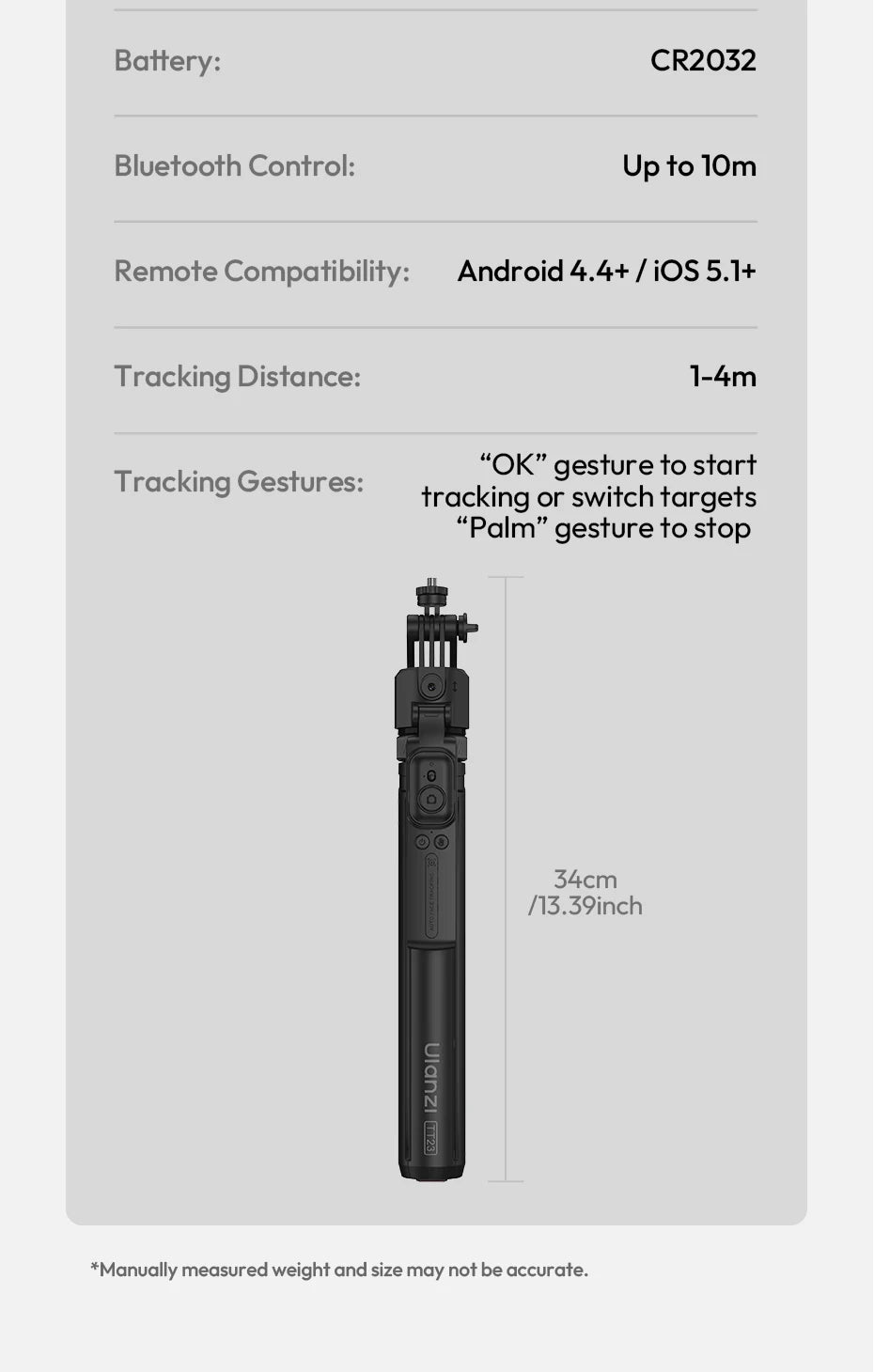 Ulanzi TT23 Auto-Tracking Selfie Stick Tripod Foaldable Selfie Tripod for Smartphone Camera for Gopro with Bluetooth for Travel