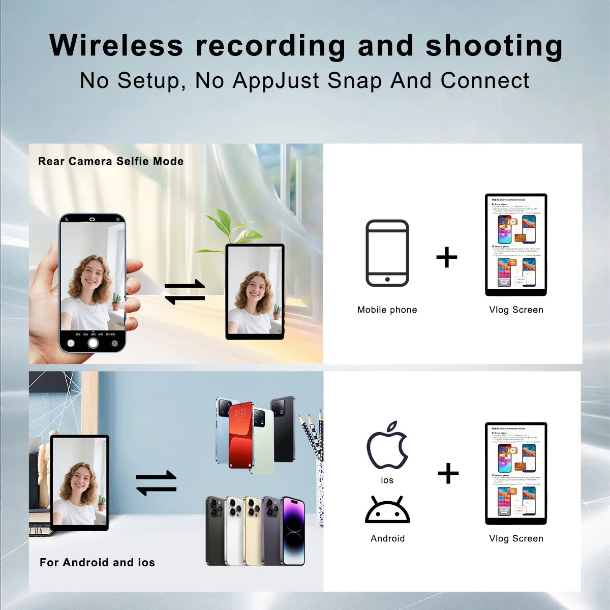 Vlog Screen Selfie Monitor, Magnetic Phone Holder Clip Mount, Using Phone Rear Camera for Selfie Vlog Live Stream
