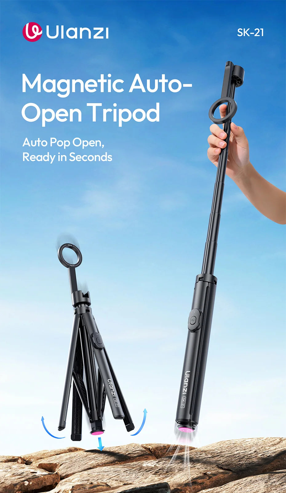 Ulanzi SK-21 Magnetic Auto-Open Tripod Selfie Stick for iPhone 17 16 15 14 Portable Selfie Ground Tripod for Travel Vlog Video